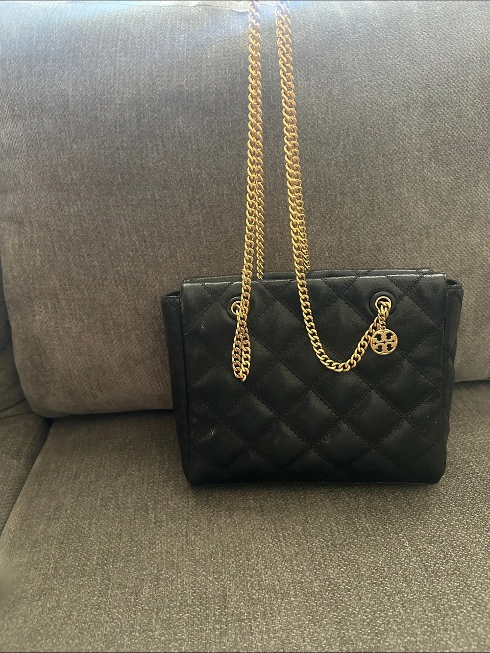Tory Burch Black Quilted Shoulder Bag with Gold Chain